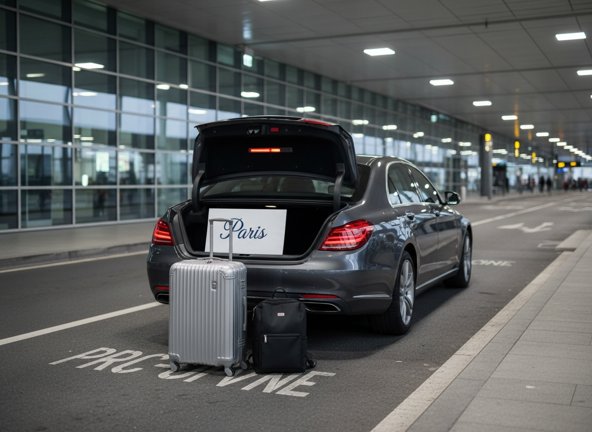 A modern airport arrival zone represented through objects only: a sleek silver rolling suitcase and a compact black travel backpack stand neatly beside a discrete, well-maintained dark sedan with its trunk open, revealing a clean, organized interior and a folded welcome sign that simply says “Paris” in stylish navy lettering. The scene is set on a smooth drop-off lane with crisp road markings and glass terminal walls reflecting soft evening light. Cool, diffused lighting from overhead fixtures combines with the fading natural daylight, creating gentle reflections on the car’s surface. Shot in photographic realism from a three-quarter angle, with the luggage and open trunk in the foreground and the terminal softly blurred behind, the mood is calm, efficient, and reassuring, suggesting a seamless, professional airport transfer experience.