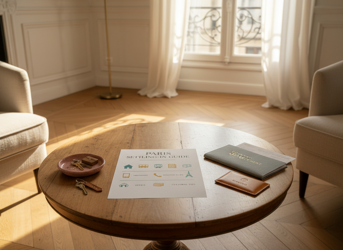A cozy, sunlit living room corner in a Parisian Haussmann-style apartment with light oak parquet floors and off-white walls, centered on a neatly arranged coffee table. On the table lies a detailed printed checklist with icons for housing, transport, mobile plan, documents, and cultural tips, each in soft teal and warm gold tones. Around it sit a set of labeled keychains on a small ceramic dish, a slim folder with apartment contracts, and a minimalist metro card holder. Late afternoon golden light streams through a tall window with sheer curtains, casting delicate patterns on the table. Captured in photographic realism from a slightly elevated perspective, with a shallow depth of field that keeps the checklist in sharp focus, evoking reassurance, organization, and professional support for settling in Paris.