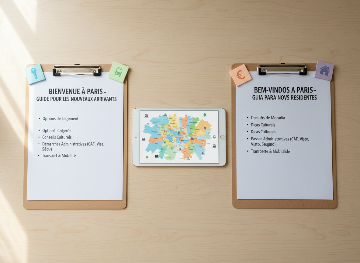 A detailed bilingual advisory setup on a light beechwood table: two neatly aligned clipboards, one with a French document and the other with a Portuguese version, both featuring clear headings about housing options, cultural tips, and administrative steps in Paris. Between them lies a slim tablet displaying a color-coded neighborhood map of Paris with icons for schools, parks, and metro stops. Small sticky notes in muted pastel colors are attached to the clipboards, each bearing simple icons like a key, train, or phone signal. Soft diffuse daylight from a nearby window casts gentle, even illumination, creating a calm, studious atmosphere. Photographic realism with an overhead, top-down composition, sharp focus throughout, and a clean, professional aesthetic that emphasizes structured, personalized guidance for Brazilians settling in Paris.