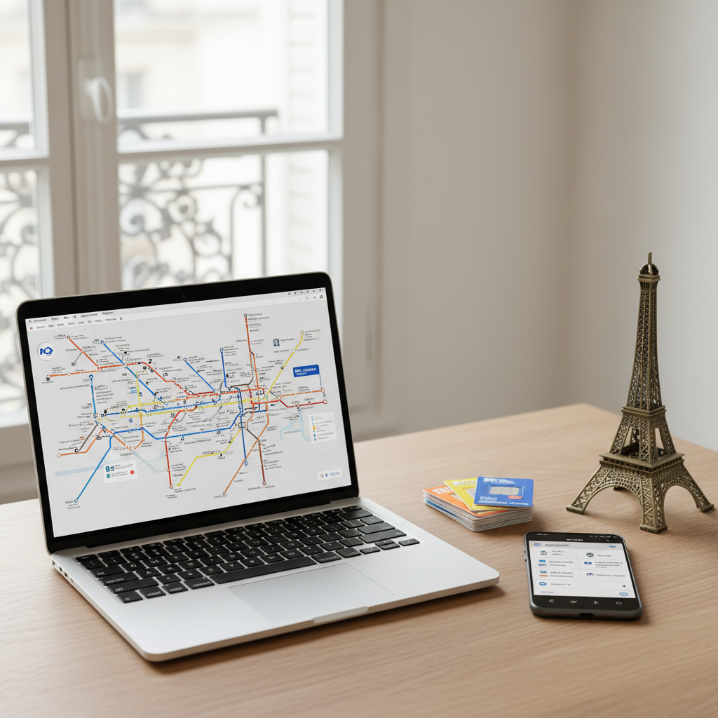 A tidy wooden desk surface in a bright Paris apartment, holding an open silver laptop displaying a stylized metro map of Paris in blue, red, and yellow lines, next to a neatly arranged stack of SIM cards and a slim black smartphone with a bilingual settings screen in French and Portuguese. A small, elegant Eiffel Tower figurine in brushed metal stands to the side, hinting at the city. Soft overcast daylight from a nearby window spreads evenly across the scene, eliminating harsh shadows and creating a calm, focused mood. Photographic realism with a slightly elevated angle and rule-of-thirds composition, highlighting clarity, organization, and step-by-step guidance for navigating transport and mobile services in a modern, professional aesthetic.