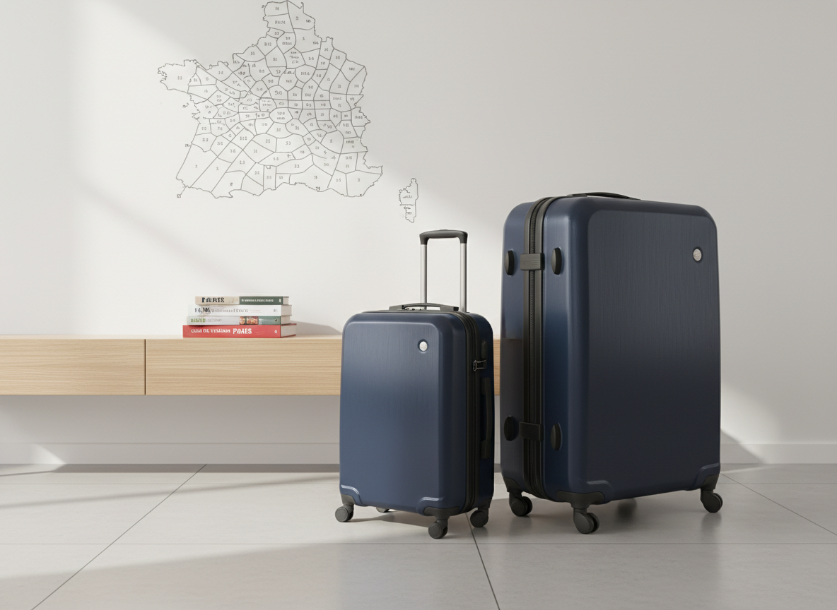 A sleek, medium-sized hard-shell suitcase in deep navy blue with subtle brushed texture, resting beside a compact, modern carry-on in matte charcoal, both standing upright on a smooth light-grey tile floor in a Parisian apartment hallway. Behind them, a clean white wall features a minimalist map outline of Paris with arrondissement numbers, and a small console table holds a stack of neatly arranged French and Portuguese guidebooks. Soft morning daylight enters from an unseen window, creating gentle highlights on the suitcase edges and soft shadows on the floor. Photographic realism at eye-level, with shallow depth of field that keeps the luggage sharp while the background fades slightly, conveying calm, organized preparation for a new life in Paris in a clean, professional aesthetic.